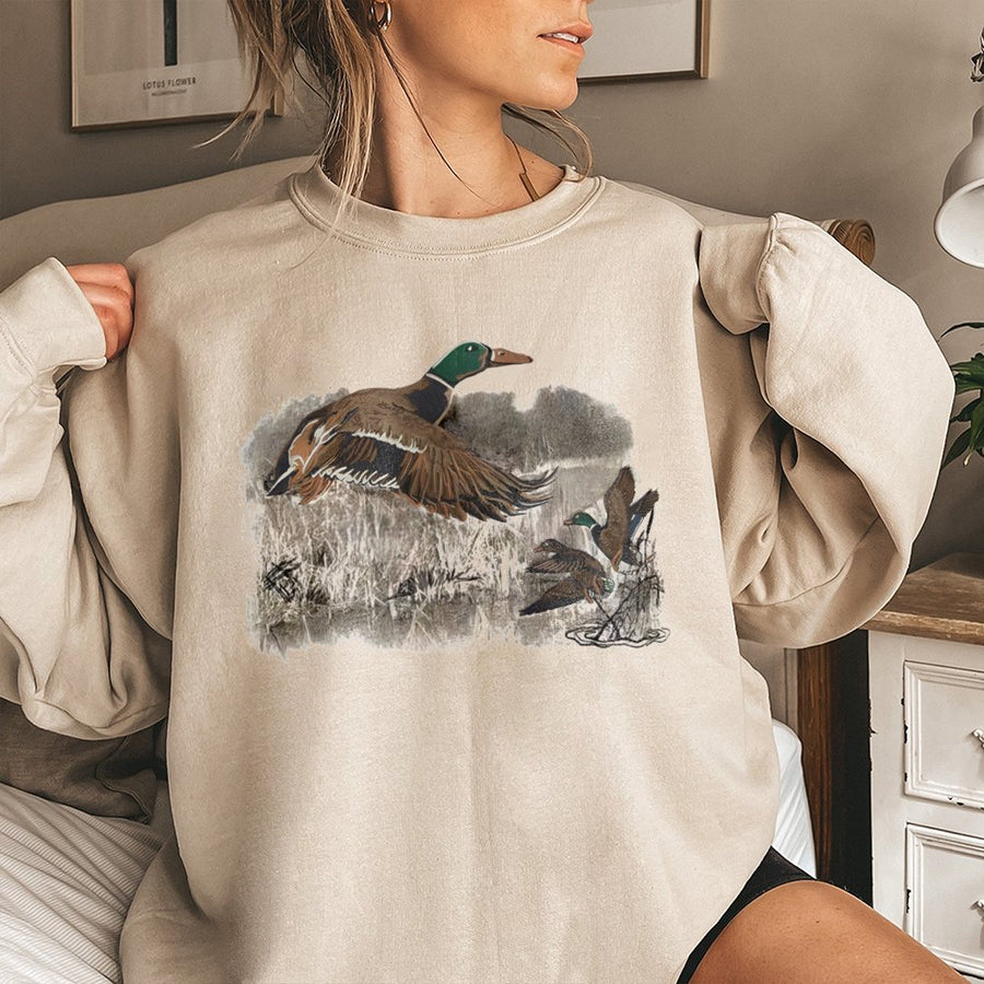 Mallard Duck Sweatshirt | Vintage Wildlife Flying Ducks Illustration | Cotton Blend Comfort Crewneck | Nature Lover Gift for Bird Hunters