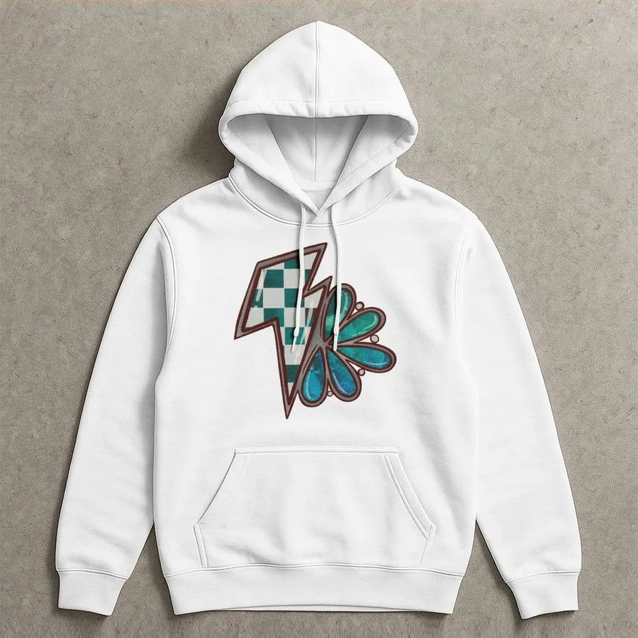 Western Lightning Bolt Hoodie | Checkered Boho Flower Graphic | Premium Cotton Blend | Country Style Gift for Women & Girls