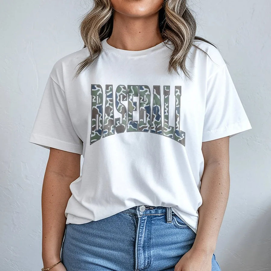 Camo Baseball Mama T-Shirt | Distressed Camouflage Print Design | Soft 100% Cotton Premium Tee | Comfortable Sports Mom Gift