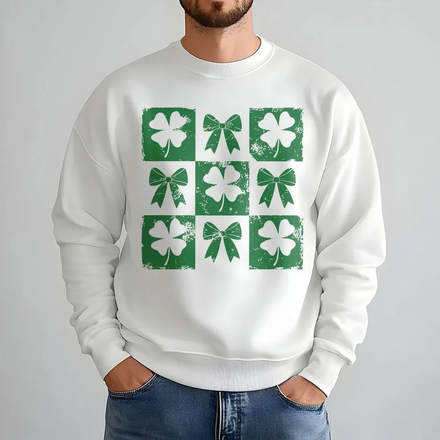 St Patricks Day Sweatshirt | Retro Shamrock and Bow Graphic | Premium Cotton Blend Crewneck | Lucky Clover Gift for Her