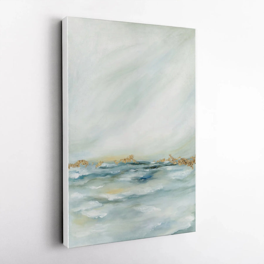 Abstract Seascape Canvas Wall Art | Minimalist Ocean Painting with Gold Accent | Premium 1.25" Thick Gallery Wrap | Contemporary Home Decor Gift