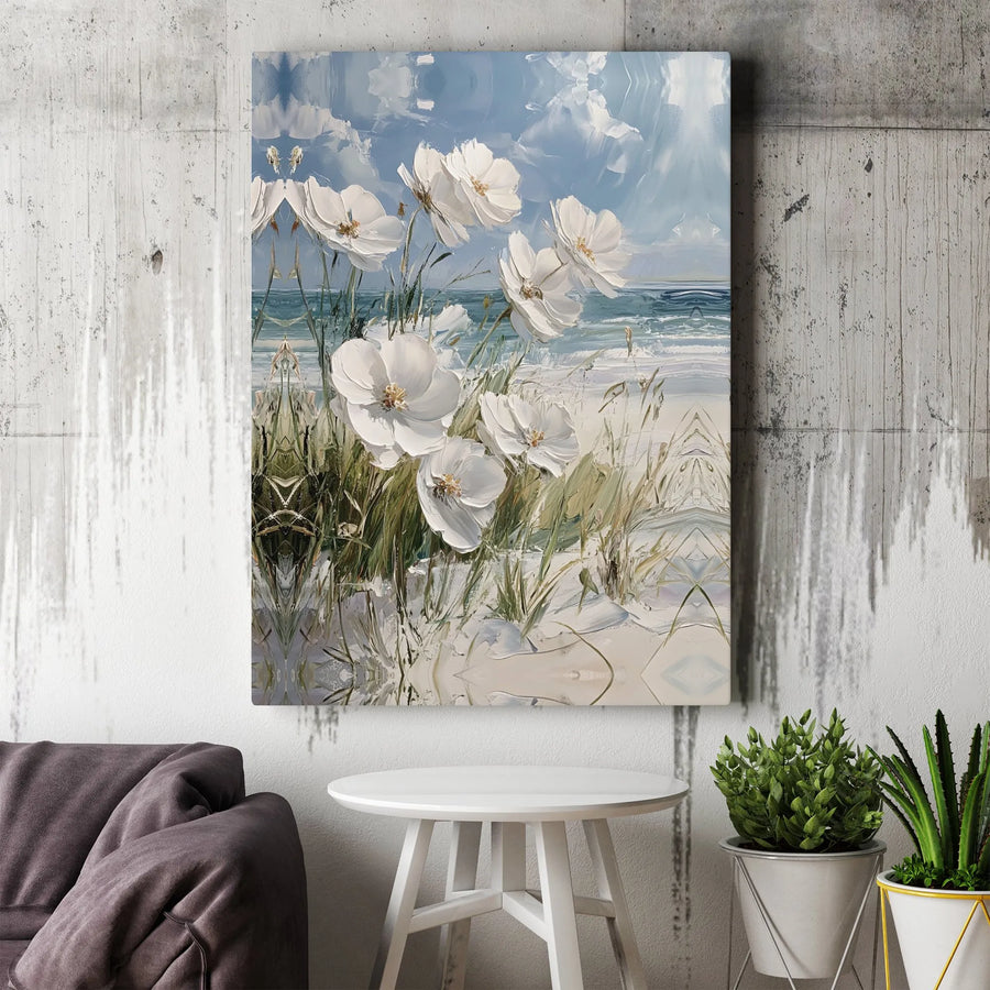 Coastal White Flower Wall Art | Impasto Seascape Canvas Print | Gallery Quality Premium Decor | Beach House Living Room Gift