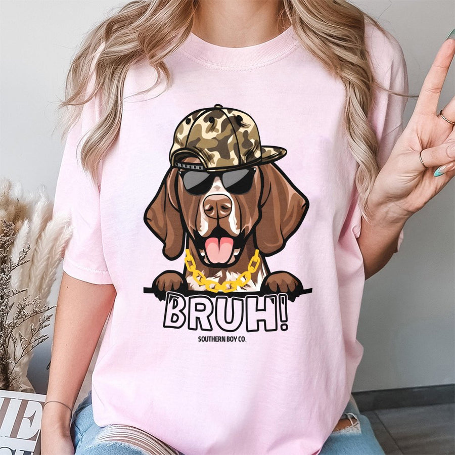 GSP Dog Graphic T-Shirt | Bruh Funny German Shorthaired Pointer Design | Premium 100% Cotton Tee | Gift for Dog Lovers & Country Boys