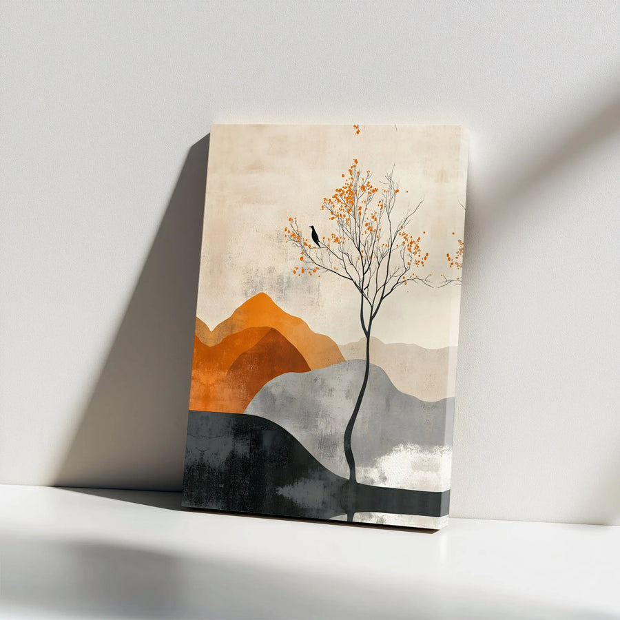 Minimalist Landscape Canvas Print | Abstract Autumn Tree & Raven Artwork | Premium Gallery Wrap Canvas | Modern Living Room Wall Decor