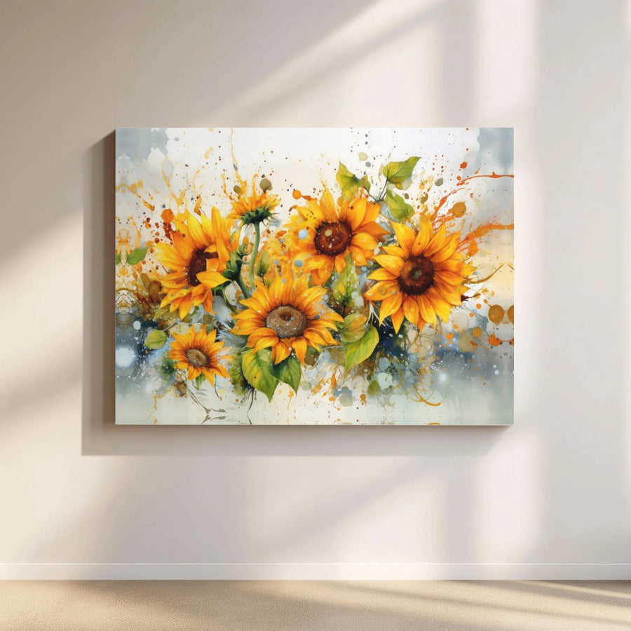 Sunflower Canvas Wall Art | Abstract Watercolor Floral Print | Premium Gallery Wrap Wooden Frame | Farmhouse Home Office Decor