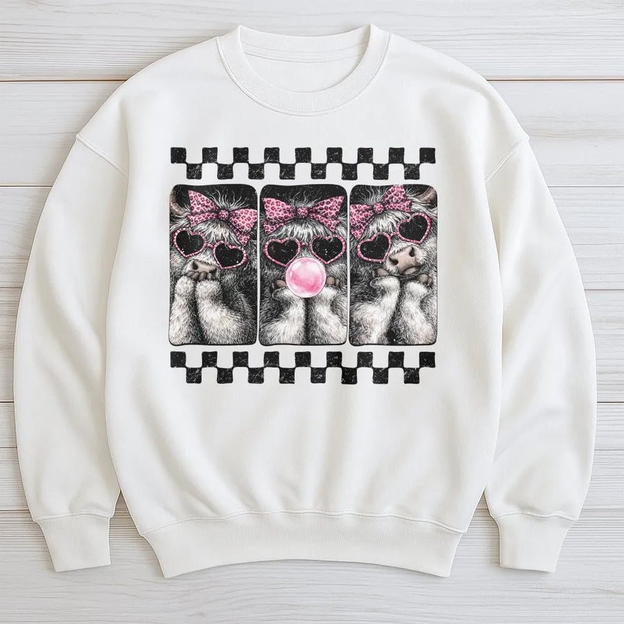 Leopard Highland Cow Sweatshirt | Easter Bunny Graphic Design | Premium Cotton Blend | Preppy Spring Gift for Women & Cow Lovers
