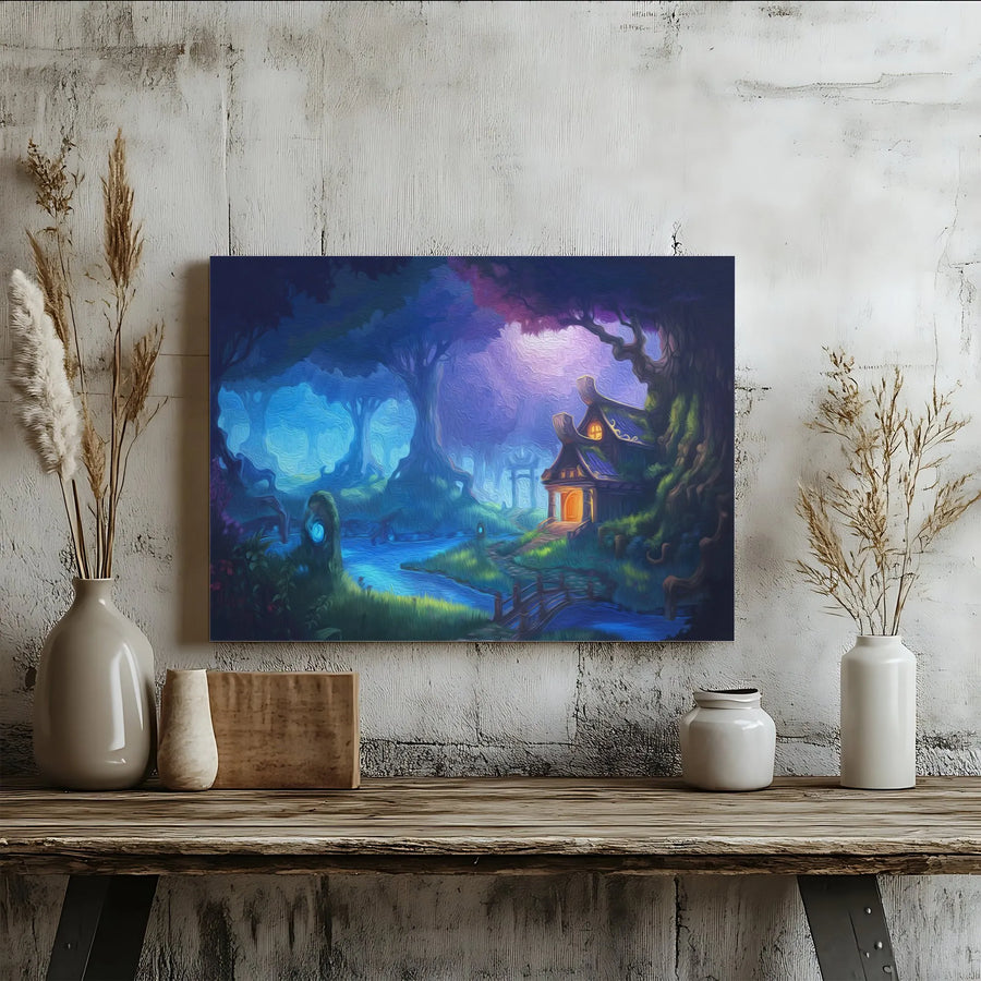 Enchanted Forest Canvas Print | Glowing Cottage Fantasy Art | Premium 1.25 Inch Thick Gallery Wrap | Whimsical Nature Home Decor Gift