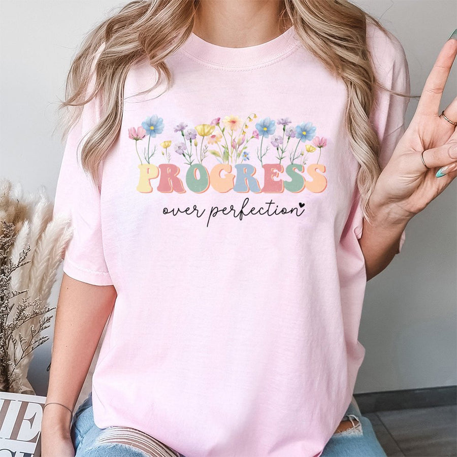 Progress Over Perfection T-Shirt | Floral Inspirational Quote Graphic | Premium Soft Cotton Tee | Teacher Gift & Mental Health Awareness Apparel