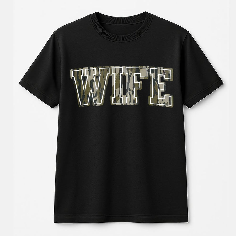 Wife Camo T-Shirt | Varsity Letter Graphic Print | 100% Cotton Premium Quality | Cute Wife Gift Idea for Her