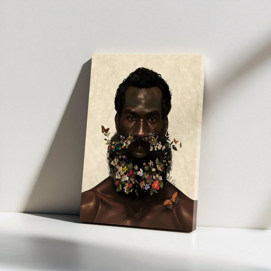 Black Man Portrait Canvas Art | Flower Beard Surreal Wall Decor | Gallery Wrapped Premium Print | Modern African American Home Office Gift