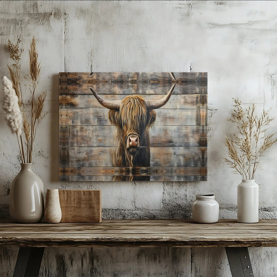 Highland Cow Canvas Print | Rustic Farmhouse Wood Texture Wall Art | Premium Gallery Wrapped Decor | Gift For Farm Animal Lovers