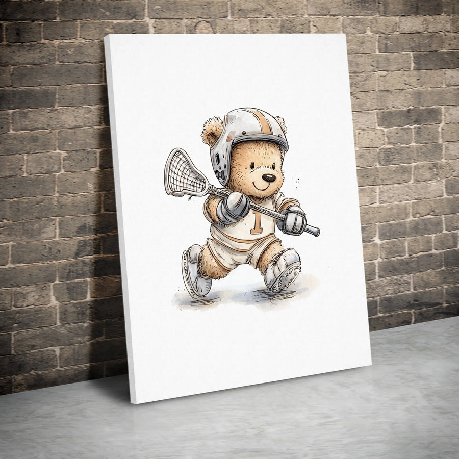 Lacrosse Teddy Bear Canvas Wall Art | Cute Watercolor Sports Nursery Decor | Gallery Quality Premium Print | Perfect Gift for Lacrosse Players