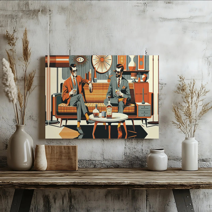 Mid-Century Modern Whiskey Bar Art | Stylish Men Drinking Vintage Wall Decor | Premium 1.25 Inch Gallery Canvas | Retro Home Office Gift