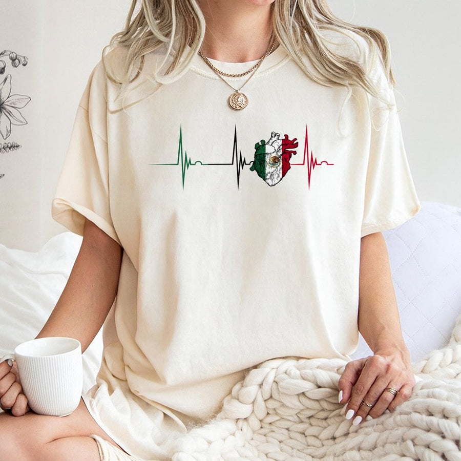 Mexico Flag Heartbeat T-Shirt | Mexican Heart EKG Pulse Design | 100% Cotton Premium Tee | Cultural Pride Gift For Men And Women