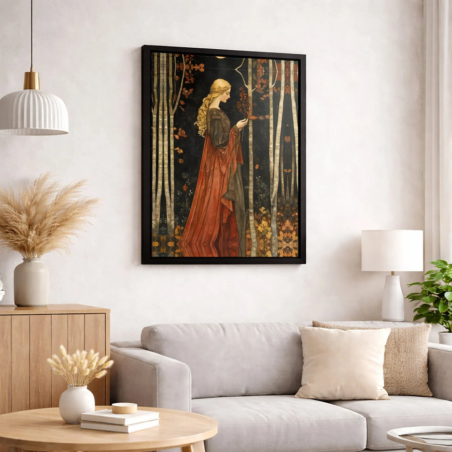 Art Nouveau Woman Wall Art | Autumn Forest Maiden Portrait | Premium Gallery-Wrapped Canvas | Elegant Home Decor Gift for Her