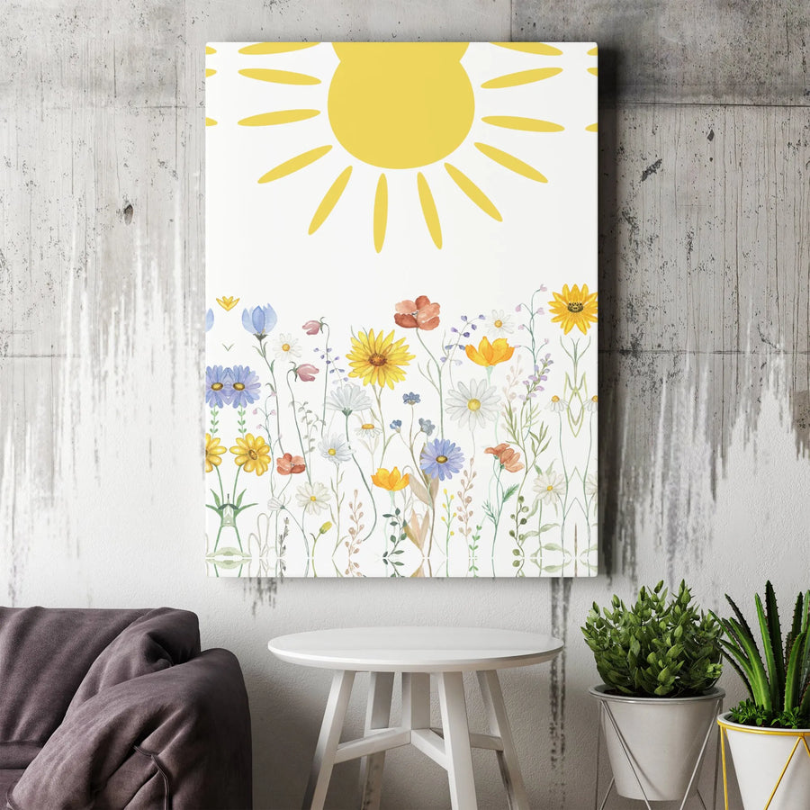 Wildflower Meadow Canvas Wall Art | Watercolor Sunshine and Flowers Print | Premium Gallery Wrapped Canvas | Nursery Decor Gift for Girls Room