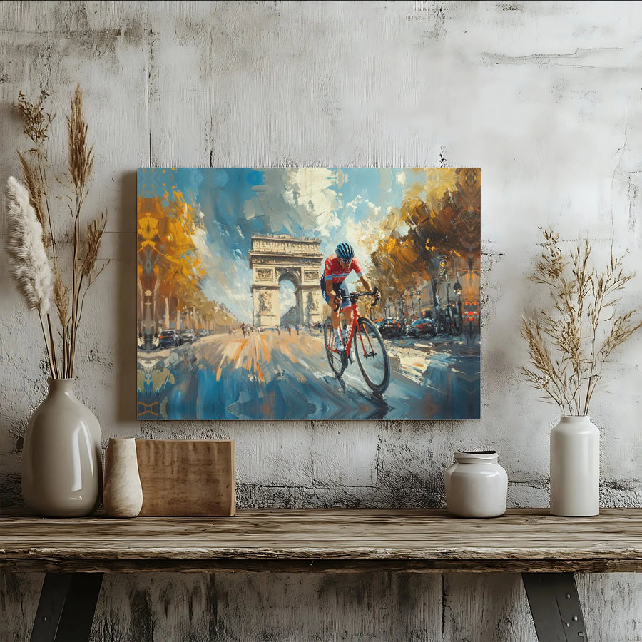 Cyclist Paris Canvas Wall Art | Impressionist Arc De Triomphe Painting | Premium Gallery Wrap Decor | Cycling Gift For Him Home Office