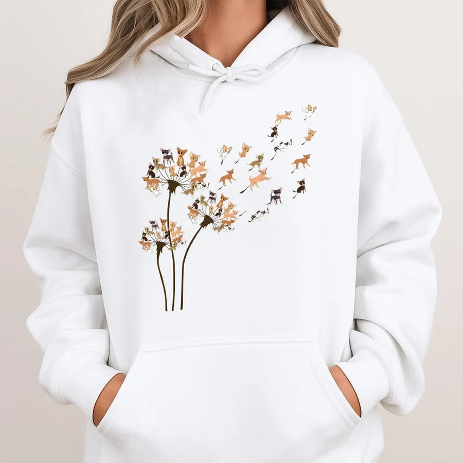 Chihuahua Dandelion Hoodie | Artistic Dog Lover Floral Graphic Print | Premium Cotton Blend Cozy Sweatshirt | Unique Gift For Dog Mom & Dad