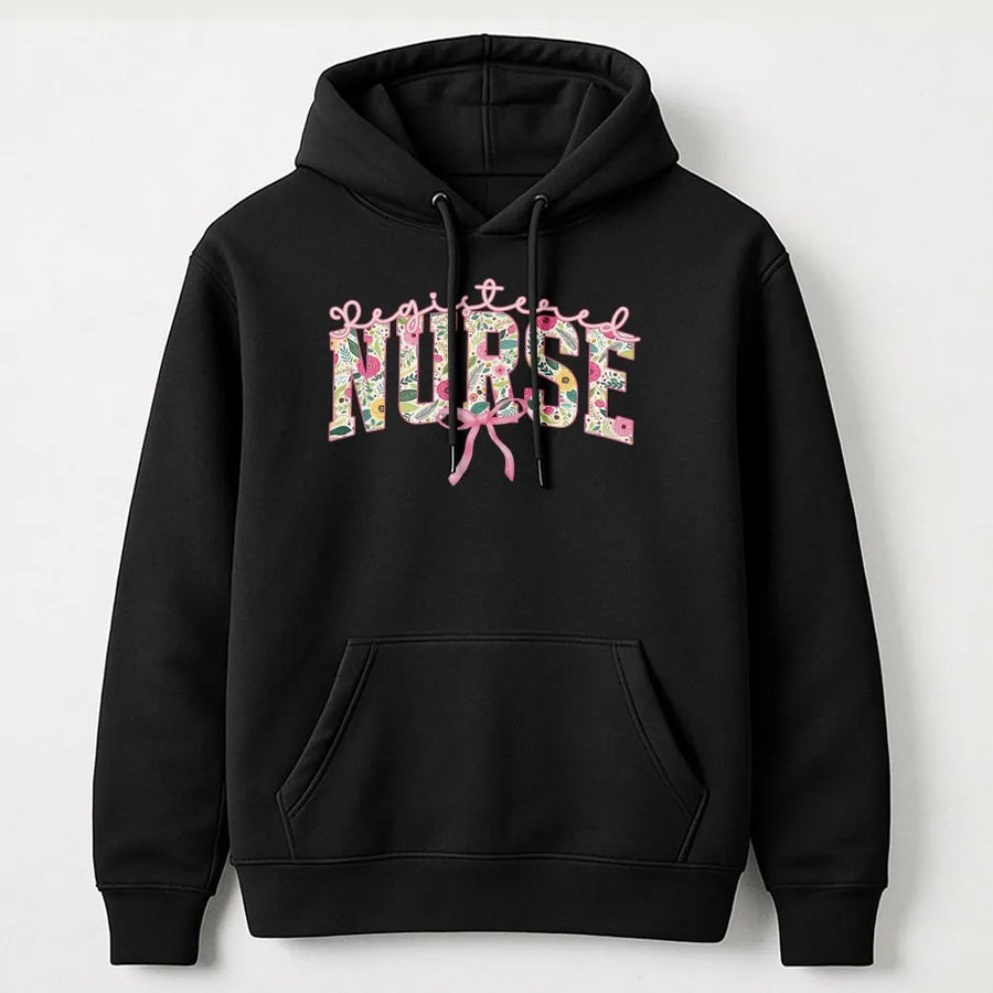 Registered Nurse Hoodie | Floral Print Coquette Aesthetic with Pink Bow | Premium Soft Cotton Tee | Gift for RN Nursing School Graduate
