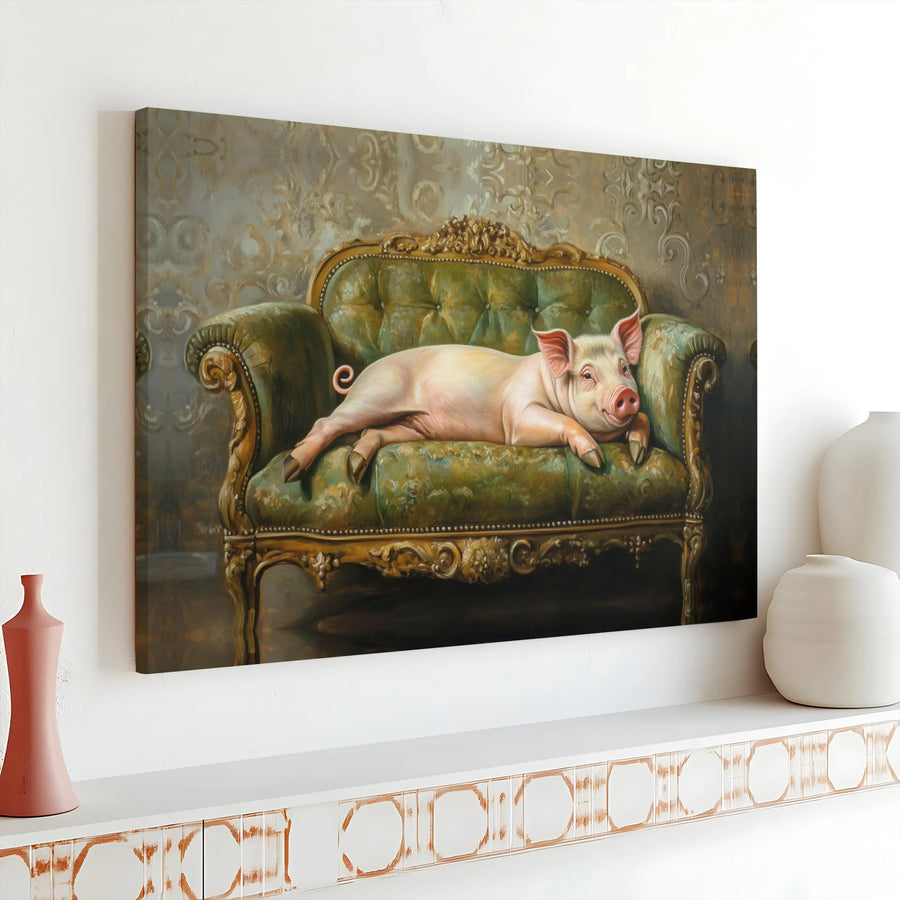Regal Pig Painting Canvas Wall Art | Funny Lounging Pig on Vintage Sofa | Premium Matte Canvas Print | Unique Farmhouse Decor Gift for Animal Lover