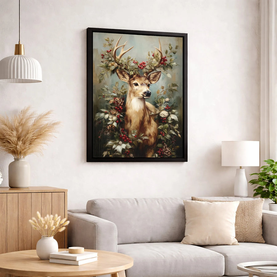 Christmas Deer Canvas Wall Art | Festive Woodland Animal Portrait with Berries | Premium Gallery Wrap Print | Holiday Home Decor Gift