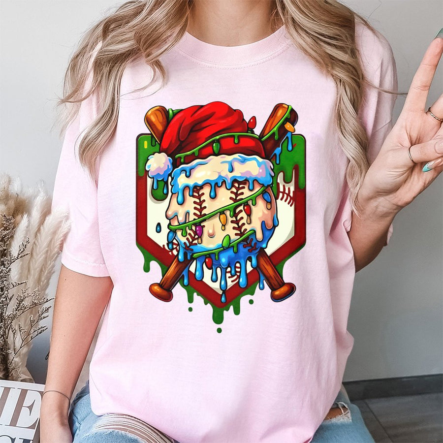 Christmas Baseball T-Shirt | Santa Hat Drip Design with Bats | 100% Premium Cotton | Holiday Sports Gift for Men and Women
