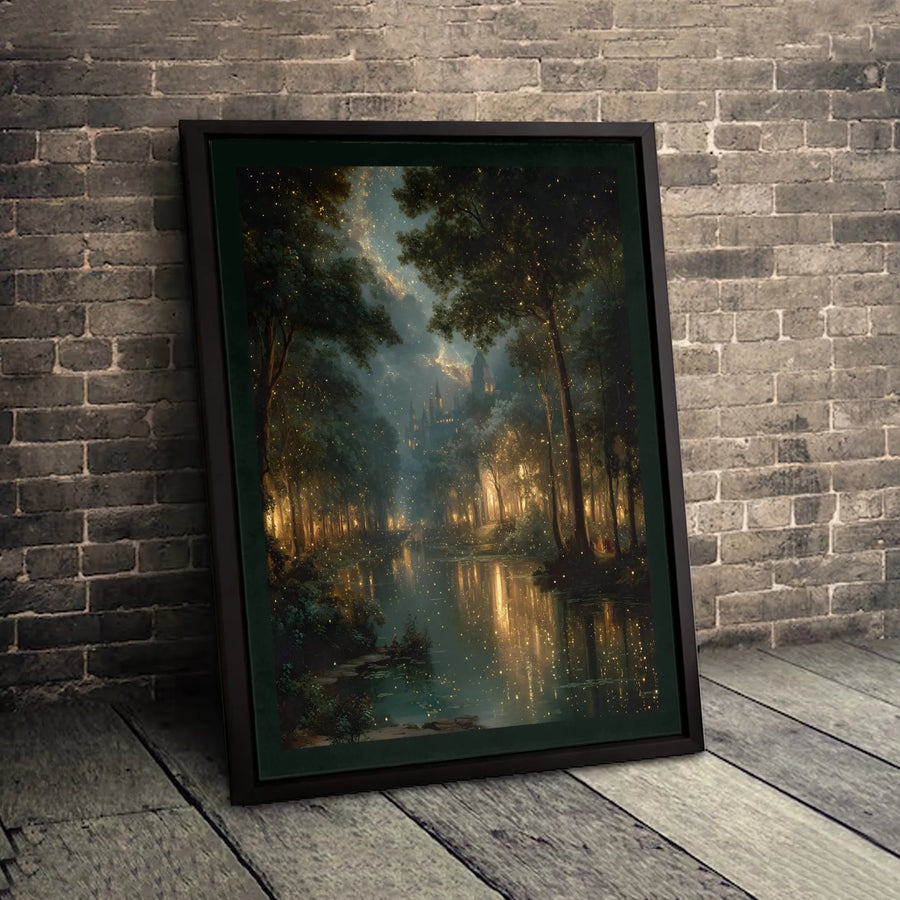 Enchanted Forest Canvas Print | Magical Firefly River and Castle Wall Art | Premium 1.25 Inch Gallery Wrap | Fantasy Home Decor Gift