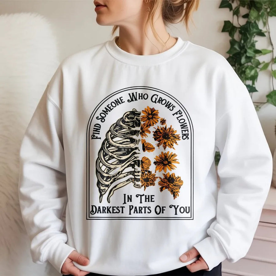 Floral Skeleton Sweatshirt | Vintage Rib Cage Graphic with Flowers | Premium Cotton Tee | Romantic Quote Gift for Dark Academia Fans