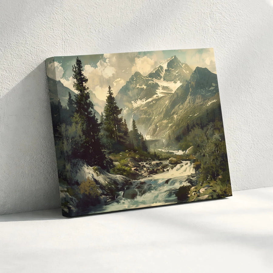 Mountain Landscape Canvas Wall Art | Vintage Pine Forest & River Scene | Premium Gallery Wrap Canvas | Rustic Home & Cabin Decor Gift
