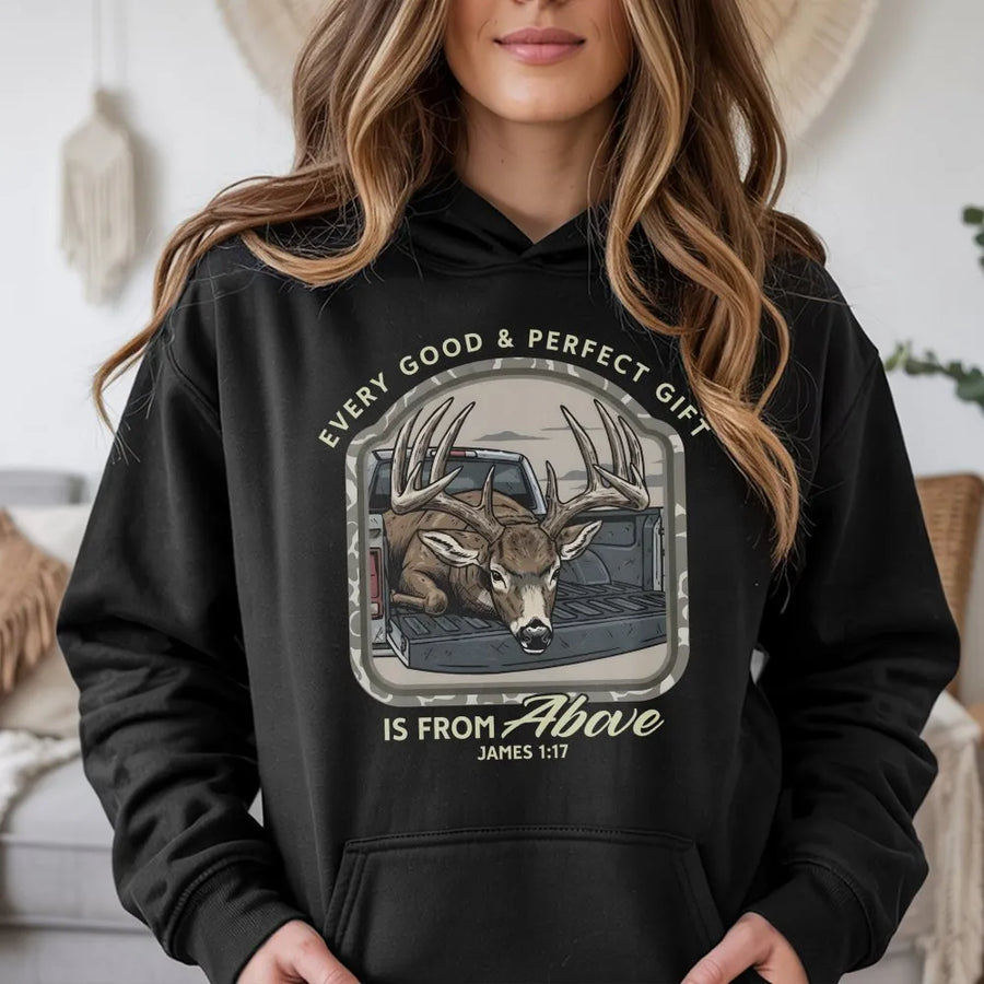 Christian Deer Hunting Hoodie | James 1:17 Bible Verse Buck Graphic | Premium Cotton Tee | Gift for Christian Hunter