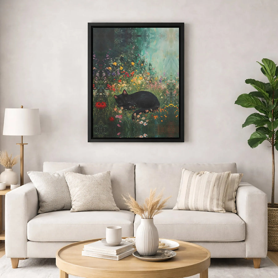 Sleeping Black Cat Canvas Wall Art | Whimsical Wildflower Garden Print | Gallery-Quality 1.25" Profile | Cat Lover Home Decor Gift