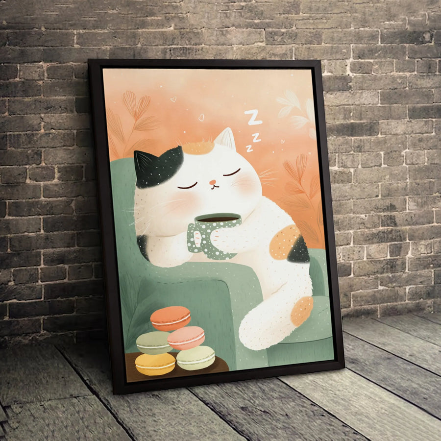 Sleeping Calico Cat Wall Art | Cozy Coffee and Macarons Illustration | Premium Gallery Wrapped Canvas | Whimsical Home Decor Gift for Cat Lovers