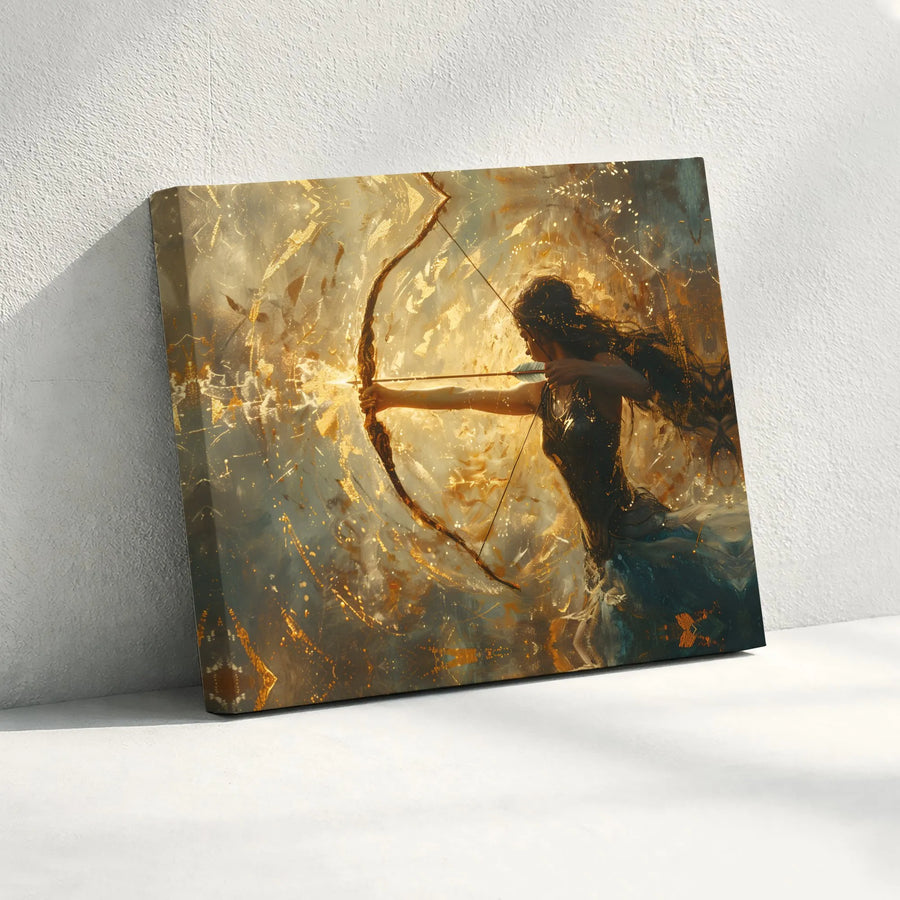 Sagittarius Zodiac Canvas Wall Art | Golden Archer Goddess Painting | Premium Thick Gallery Wrap | Collector's Astrology Home Decor Gift