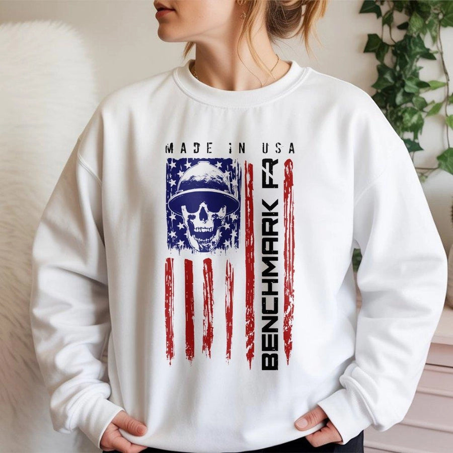 American Flag Skull Sweatshirt | Patriotic Hard Hat Graphic | Soft Cotton Blend Unisex Pullover | Premium Gift for Construction Workers and Welders