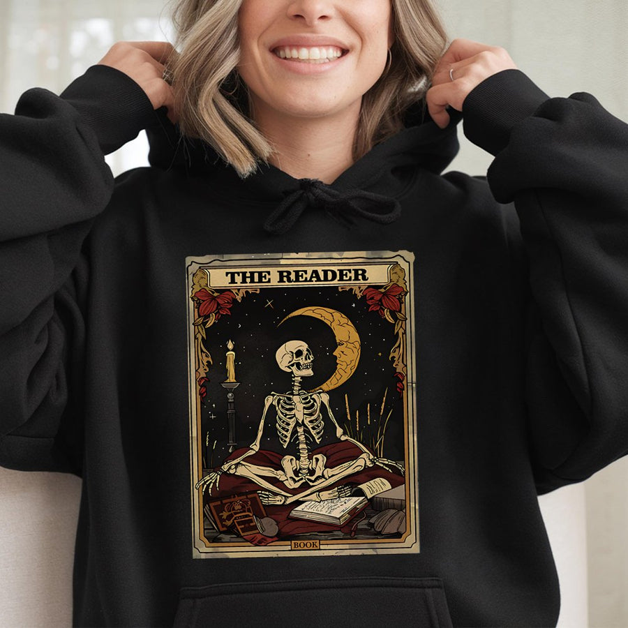 Tarot Card Skeleton Hoodie | The Reader Occult Gothic Graphic Print | Premium Cotton Blend Streetwear | Witchy Aesthetic Gift for Book Lovers