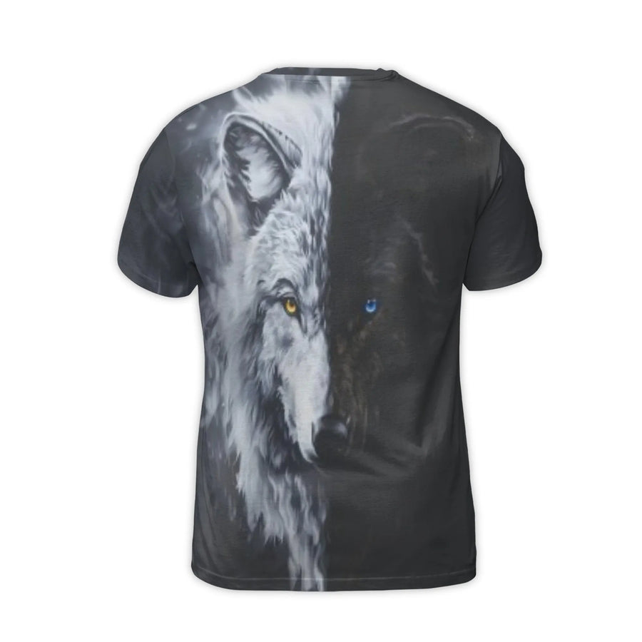 Wolf Face 3D T-Shirt | Yin Yang Split Design With Heterochromia Eyes | Premium Soft Stretch Jersey | Gift For Wolf Lovers And Wildlife Enthusiasts