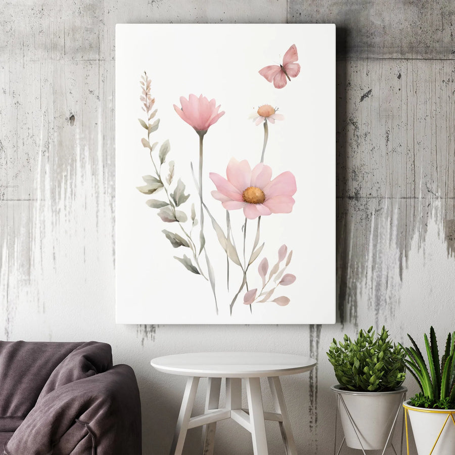 Watercolor Wildflower Canvas Wall Art | Minimalist Pink Floral and Butterfly Art | Thick 1.25" Gallery Wrap Canvas | Gift for Her, Modern Farmhouse Nursery Decor