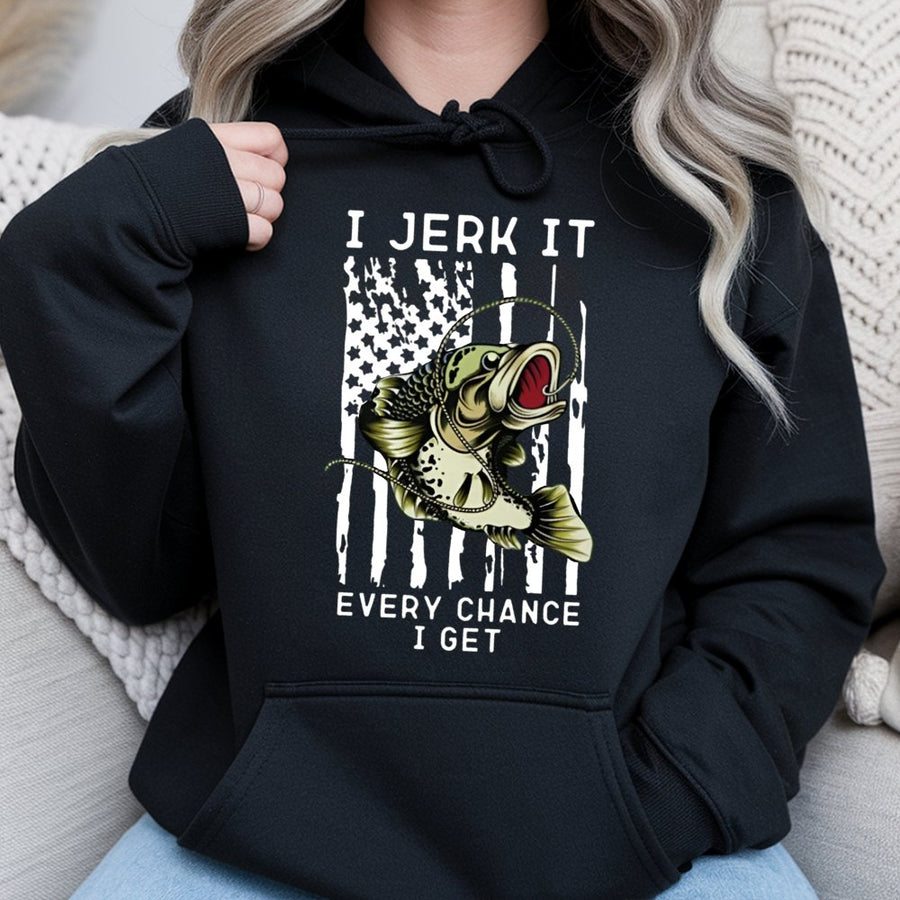 Fishing Hoodie | I Jerk It Every Chance I Get Bass Graphic | Premium Cotton Blend | Funny Gift for Fisherman or Outdoorsman