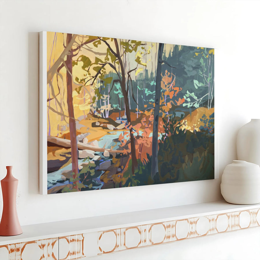 Abstract Forest Canvas Wall Art | Modern Woodland River Painting Print | Premium Thick Gallery Wrapped Art | Living Room & Office Decor Gift