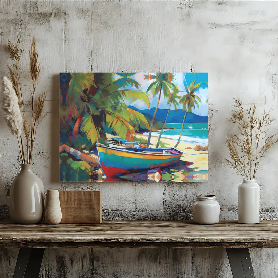 Tropical Beach Canvas Wall Art | Colorful Boat Nautical Painting | Premium Gallery Wrap Print | Coastal Home Decor Gift for Beach Lovers