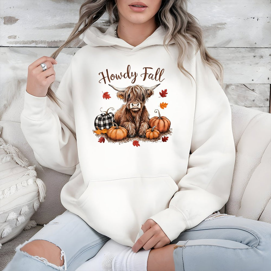 Howdy Fall Highland Cow Hoodie | Cute Pumpkin Harvest Graphic | Premium Cotton Blend Unisex Sweatshirt | Thanksgiving Fall Gift for Women