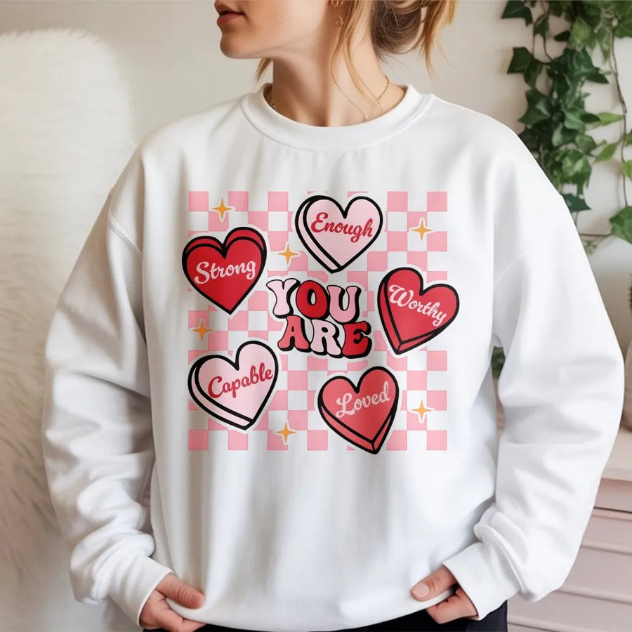 You Are Enough Sweatshirt | Retro Checkerboard Heart Graphic | Premium Cotton Blend | Inspirational Mental Health Gift for Women & Teachers