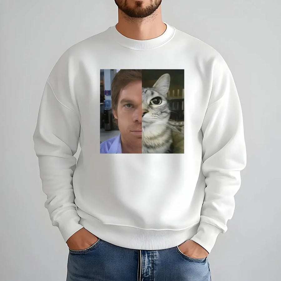 Split Face Cat Sweatshirt | Funny Meme Graphic Mashup | Premium Cotton Blend | Gift For TV Show Fans And Pet Lovers