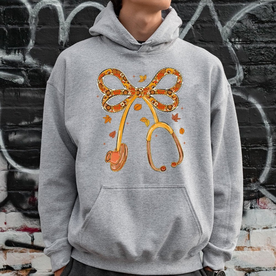 Nurse Fall Hoodie | Stethoscope Bow Autumn Floral Graphic | Cotton-Blend Premium Comfort | Thanksgiving Gift For RN Nurses and Nursing Students