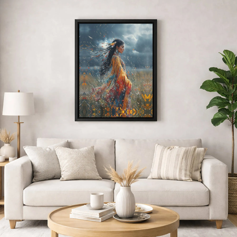 Native American Woman Wall Art | Spiritual Stormy Field Design | Gallery-Quality Canvas Print | Indigenous Culture Home Decor Gift