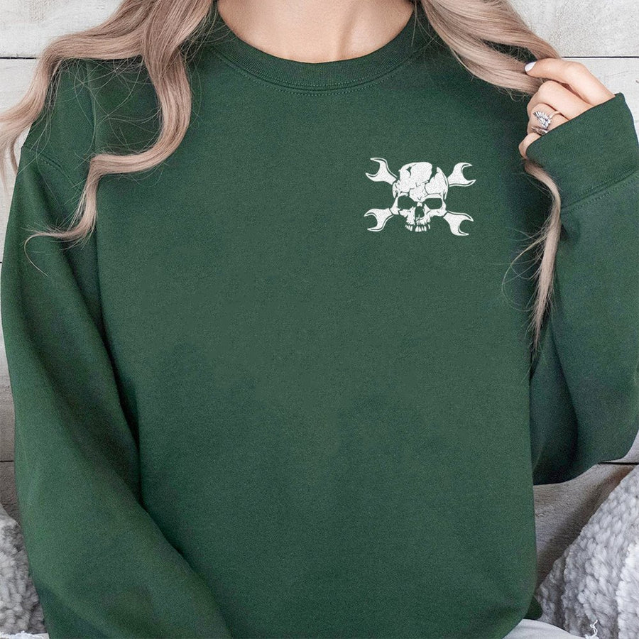 Skull Wrench Mechanic Sweatshirt | Funny Blue Collar Construction Graphic | Premium Cotton Blend | Gift for Handyman or Tradesman