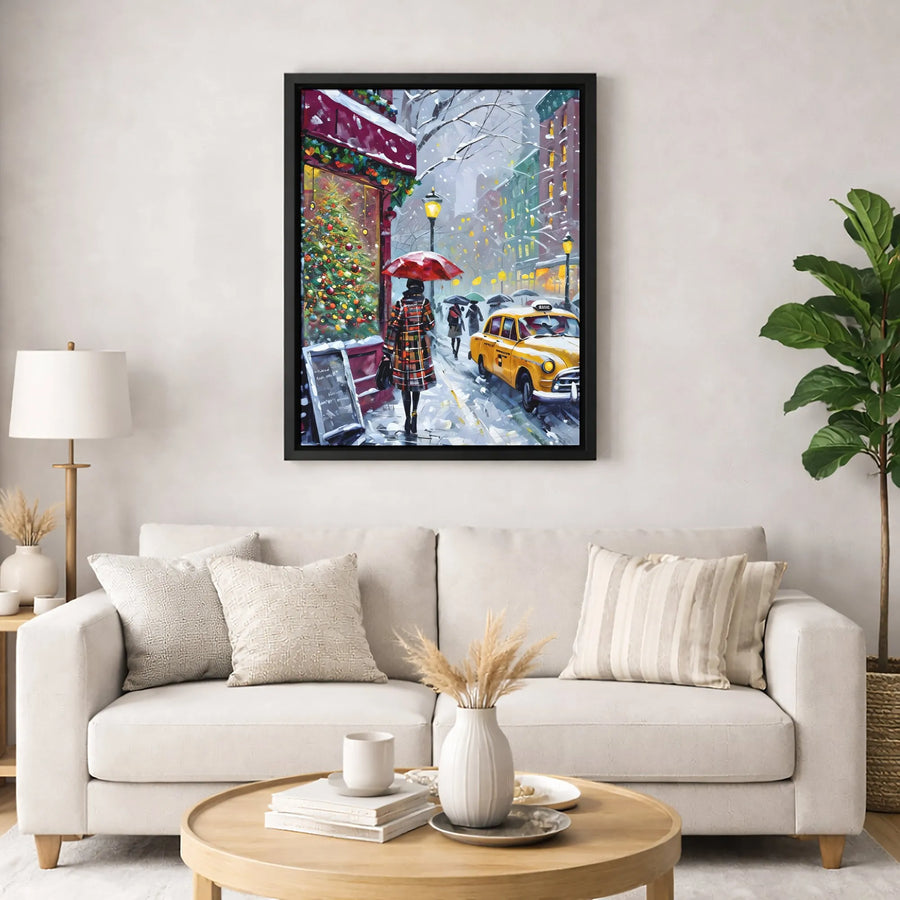 NYC Christmas Canvas Wall Art | Snowy Cityscape with Yellow Taxi & Red Umbrella | 1.25" Gallery Profile | Winter Home Holiday Decor Gift