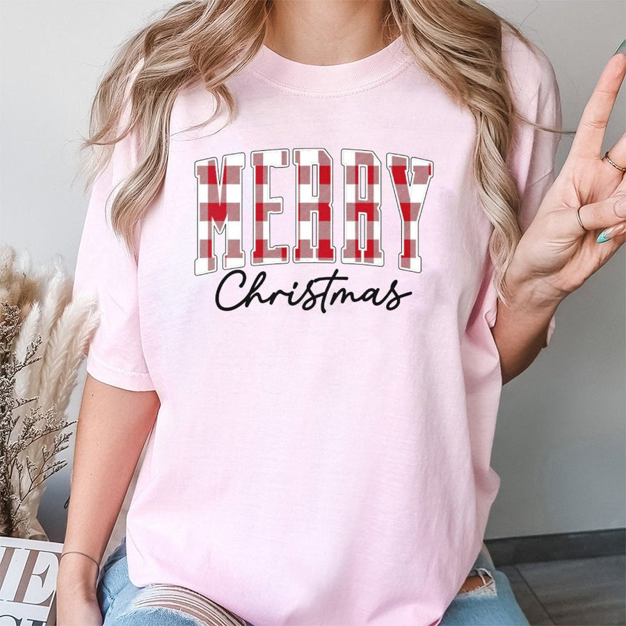 Merry Christmas T-Shirt | Buffalo Plaid Red Text Design | 100% Premium Cotton | Festive Holiday Gift for Women and Family