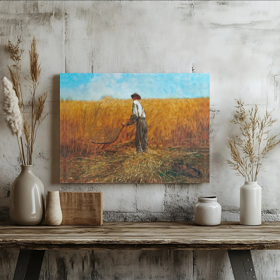 Farmer Harvesting Wheat Canvas Art | Vintage Scythe Field Landscape | Premium Gallery Wrap 1.25" Frame | Rustic Farmhouse Wall Decor
