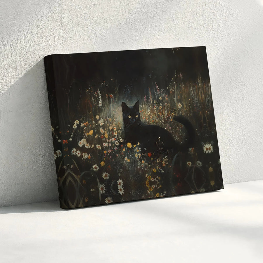 Black Cat Wall Art | Whimsical Wildflower Meadow Oil Painting Style | Premium Gallery-Wrapped Canvas | Botanical Home Decor Gift for Cat Lovers